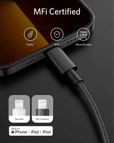 Vista 4 de Anker Nuevo Cable de Nylon USB C a Lightning, Certificado MFi de Apple para iPhone Serie 14, y Más (1 pie, Negro)