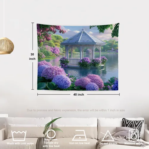 Vista 5 de Batmerry Peaceful Retreat Beautiful Landscape Tapestry, Blooming Garden Setting Wall Art Hanging Decoration Polyester Fiber White Ruffled Around For