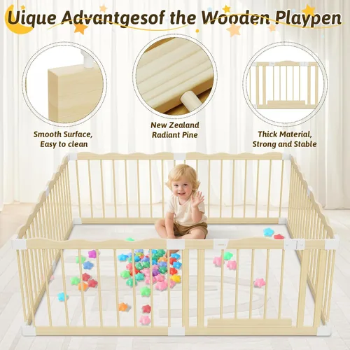 Vista 3 de Corralito de madera para bebés – 65 x 65 pulgadas con diseño de ondas para bebés y niños pequeños – 30 bolas oceánicas incluidas valla de madera