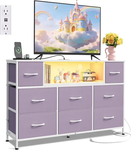 Vista 13 de WLIVE - Soporte de TV con cómoda en negro para TV de 45, 50, 55 pulgadas, centro de entretenimiento con luces LED y estación de carga, cómoda con 8