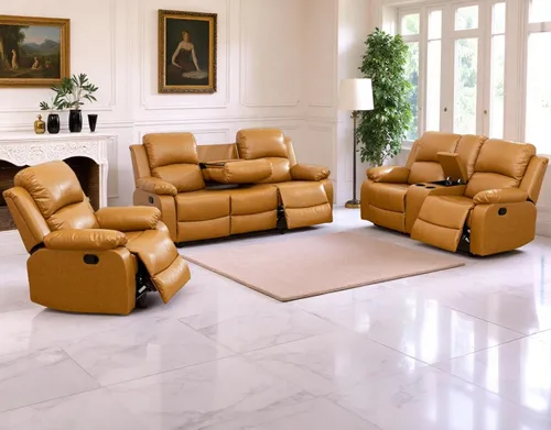 Vista 7 de Juego de 2 sofás reclinables manuales de cuero sintético, juego de sofá reclinable para sala, muebles modernos para sala con portavasos/consola