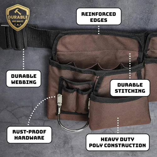 Vista 3 de 19 Pocket Brown and Black Heavy Duty Construction Tool Belt, Work Apron, Tool Pouch, with Poly Web Belt Quick Release Buckle - Adjusts from 33