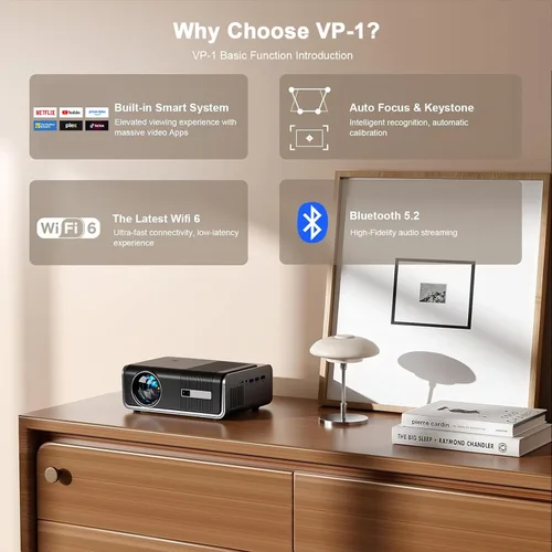 Vista 7 de AuKing Proyector, aplicaciones integradas y enfoque automático, mini proyector actualizado 2026, proyector de video de cine en casa Full HD 1080P