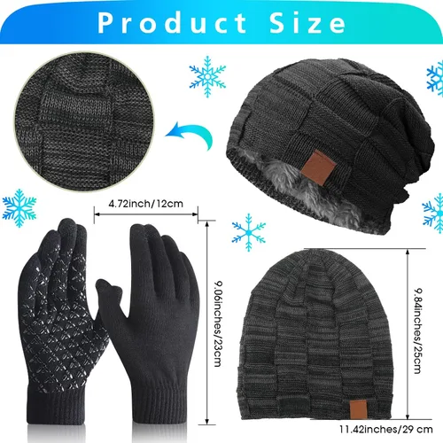 Vista 2 de 4 Pack Winter Hats for Men Beanie and Gloves Set,Winter Slouchy Beanie Hat Warm Gloves Lined Knit Thick
