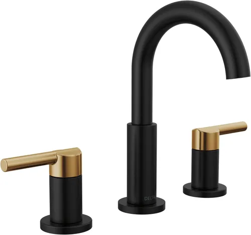 Delta Nicoli - Grifo de baño de 3 orificios negro mate/dorado cepillado, llave de lavabo de 8 pulgadas para mueble, conjunto de desagüe emergente