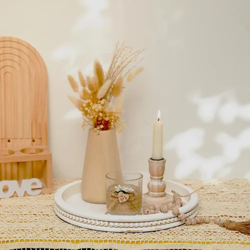 Vista 7 de Romadedi - Bandeja de madera rústica para decoración de mesa auxiliar, bandeja decorativa redonda de madera para decoración de mesa auxiliar