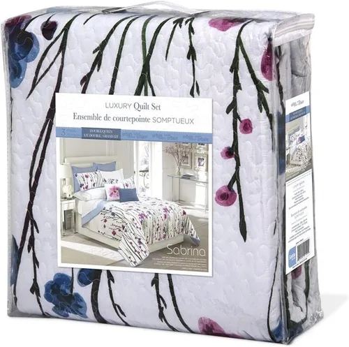 Safdie Sabrina Collection - Juego de sábanas tamaño Queen, colcha matrimonial con fundas, colchas florales blancas y azules, juegos de ropa de cama