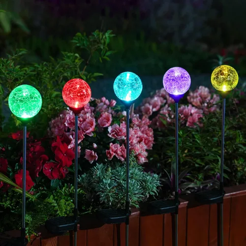 Vista 3 de OxyLED Luces solares de globo para exteriores, paquete de 4 luces de estaca de jardín, impermeables, de cristal agrietado, LED que cambia