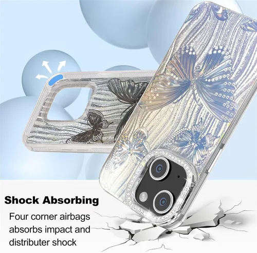 Vista 504 de I-MGAE-IN-AR - Funda diseñada para iPhone 12 y 12 Pro, diseño de mariposa plateada brillante, funda protectora de poliuretano termoplástico, suave