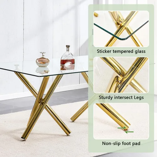 Vista 4 de Ebullient Moderno juego de mesa de comedor para 6, mesa de comedor de cristal de 71 pulgadas y patas de mesa de metal dorado, mesas de comedor