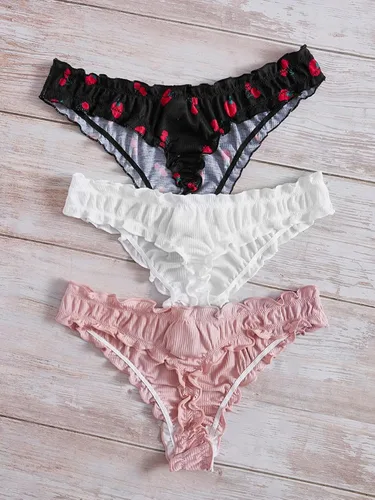 Vista 2 de Verdusa Paquete de 3 tangas gráficas de tiro bajo para mujer, ropa interior con ribete de lechuga