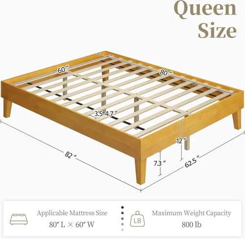 Vista 20 de Yaheetech Base de cama matrimonial con plataforma de madera maciza natural con soporte de listones de madera, espacio debajo de la cama de 12 Nogal