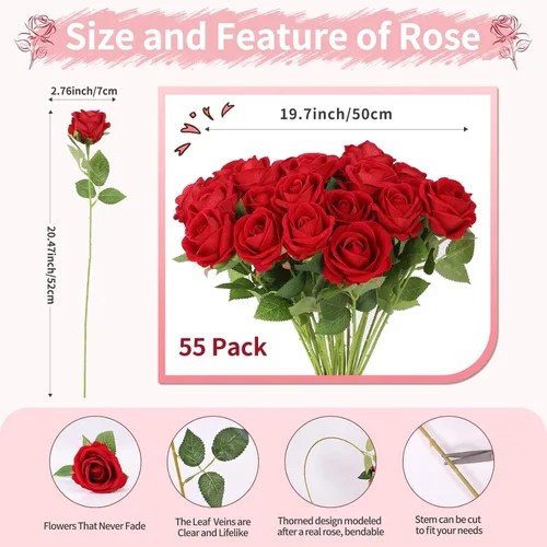 Vista 2 de 50 rosas artificiales, ramo de rosas rojas falsas, rosas rojas de seda artificial con tallos para decoración de flores de boda, día de San Valentín