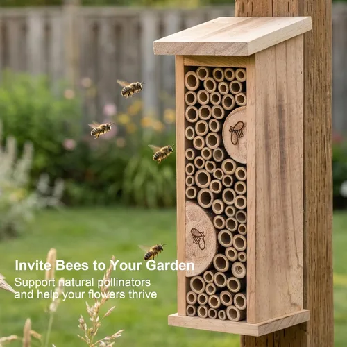 Vista 5 de Casa de pájaros Abeja Colmena Insectos de madera Casa colgante de bambú Insectos Hoteles para jardín al aire libre decorativo