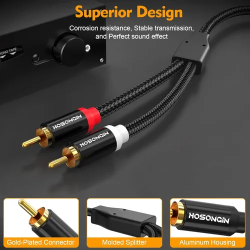 Vista 6 de HOSONGIN Cable de audio RCA de 3.3 pies, doble blindado, sin ruido, duradero, trenzado, macho a macho, cable de audio largo para cine en casa