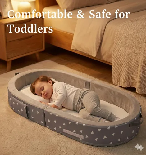 Vista 2 de Mooedcoe Cama plegable para niños pequeños con lados, cama plegable para niños pequeños de viaje, cuna de espuma para dormir