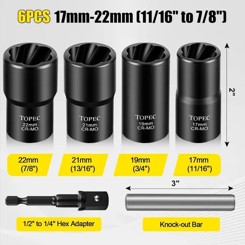 Vista 3 de Topec 6 herramientas de extracción de tuercas de llanta, kit de extracción de bloqueo de rueda motriz de 1/2 pulgada, removedor de tuercas peladas