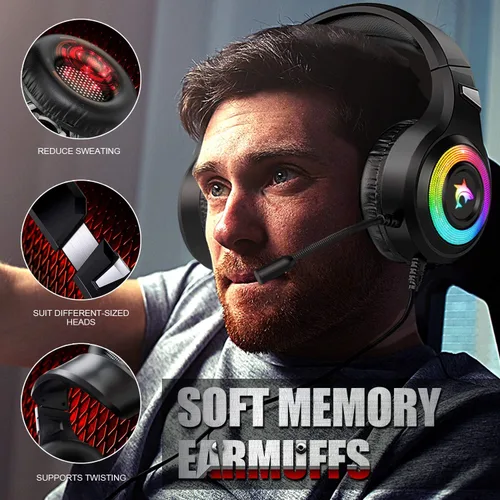 Vista 3 de Auriculares para juegos Xbox One con sonido envolvente estéreo auriculares para juegos PS4 con micrófono y luz LED con cancelación de ruido sobre