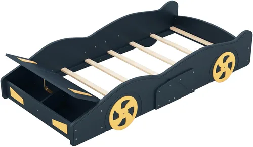 Vista 59 de Cama de plataforma en forma de auto de carreras de tamaño individual con ruedas, marco de cama de plataforma de madera con dos asientos y soporte