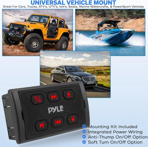 Vista 6 de Pyle PLMRBTSQ1 - Radio Bluetooth para automóvil, receptor marino impermeable, entradas USB y AUX, clasificación IPX6, montaje universal, incluye