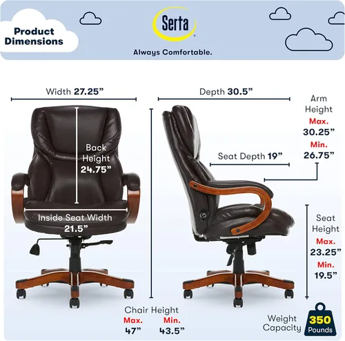 Vista 3 de Serta Conway Big & Tall Executive Office Chair, Ergonomic High-Back with Adjustable Lumbar, Semi Plush Cushion and Body Pillows, Padded Armrests