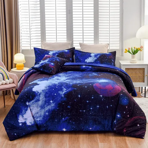 Vista 12 de A Nice Night Juego de ropa de cama con diseño de galaxia, estampado de mariposas 3D volando en el espacio, como mariposas con purpurina, juego