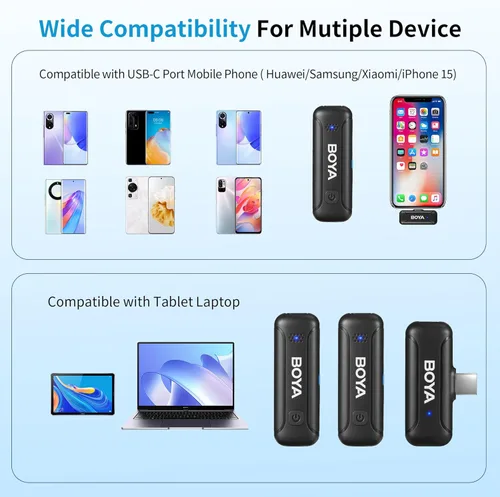 Vista 6 de BOYA Micrófono Lavalier inalámbrico dual para Android iPhone15 USB tipo C Smartphone portátil, batería de 30 horas, mini micrófono de clip de solapa