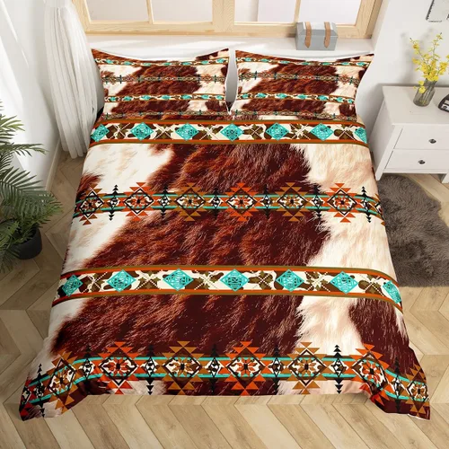 Vista 24 de Erosebridal Funda de edredón de piel de vaca marrón con estampado de vaca de las tierras altas, juego de ropa de cama occidental exótico azteca