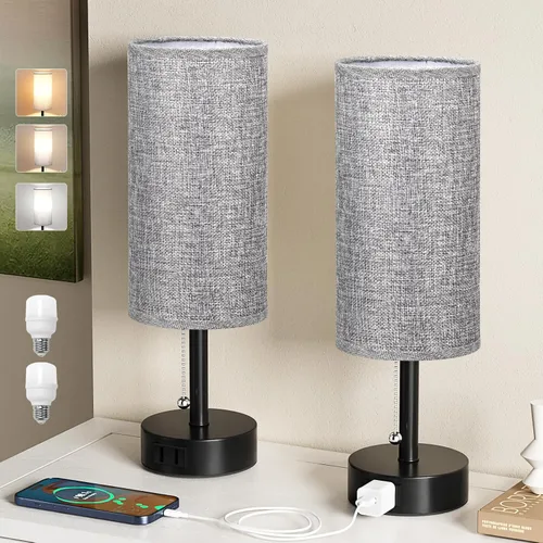 Vista 12 de Fenmzee - Juego de 2 lámparas de mesa de noche con 3 temperaturas de color, lámpara de cadena con puerto de carga de CA, redonda, para dormitorio