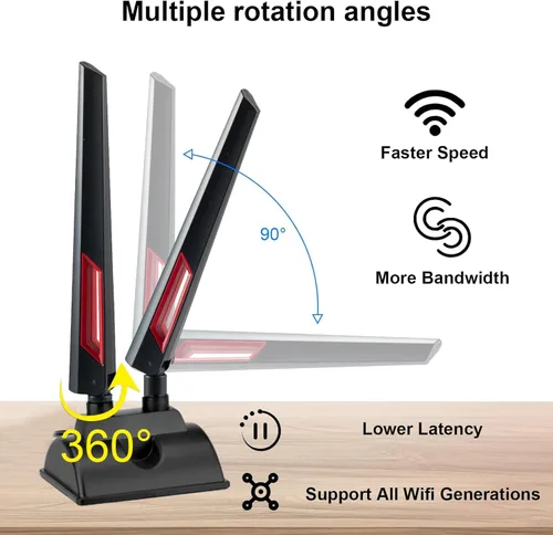 Vista 3 de Antena WiFi 6E 6GHz 5GHz 2.4GHz Gaming Antena WiFi Base magnética con cable de extensión de 6.5 pies para computadora de escritorio PC Tarjeta PCIe