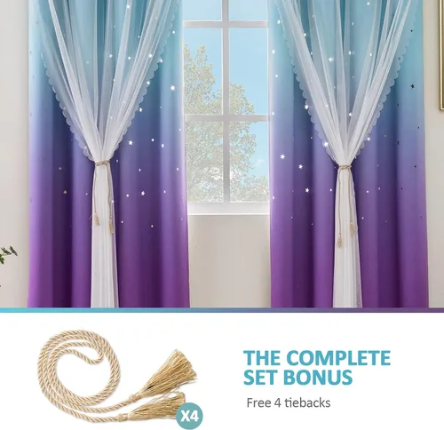Vista 4 de Stiio Cortinas con Recortes de Estrella para Dormitorio de Niñas, 2 Paneles, Cortinas Opacas 2 en 1 que Bloquean la Luz con Cortinas de Ventana