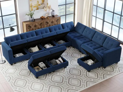 Vista 4 de Belffin Sofá modular de gran tamaño con otomanas de almacenamiento, sofá seccional en forma de U con diván reversible, color azul