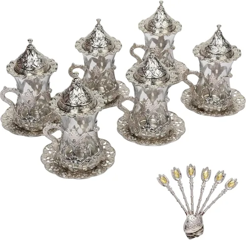 Vista 9 de Alisveristime Juego de 6 vasos de té turco hechos a mano con platillo de agua Zamzam (dorado)