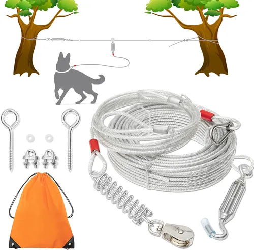 Vista 7 de Cable de amarre para perros, cable de 100 pies de largo para perro con cable de carrera de 10 pies para entrenamiento en el patio, correr, acampar