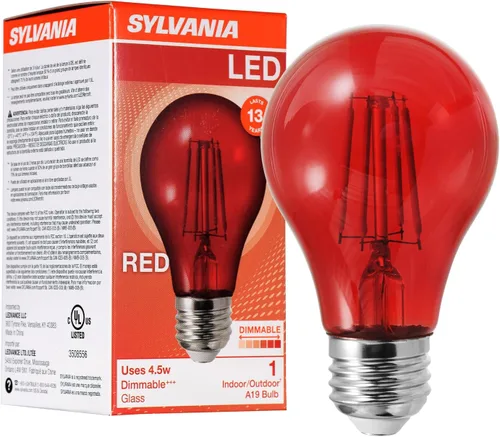 LEDVANCE Sylvania Bombilla LED de filamento de vidrio rojo A19, regulable, eficiente 4.5W, base media E26 - Paquete de 1 (70300)