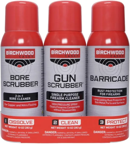 Birchwood Casey 1,2,3 Limpiador de Pistolas, Cepillo de Cañón & Barricada Paquete de Valor Kit de Limpieza para Pistolas, 3 Latas de Aerosol, 10 OZ