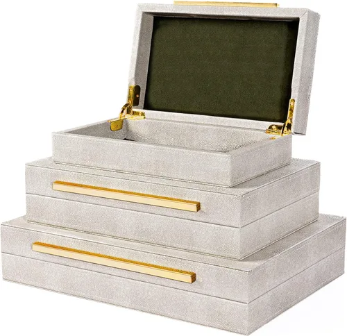 XINSTAR Cajas decorativas de piel sintética Shagreen color marfil cajas de almacenamiento decorativas con tapas juego de 3 piezas cajas de