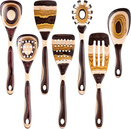 Gudamaye Juego de utensilios de madera de Pakka marrón de 7 piezas, resistentes, ecológicos, cucharas de madera para cocinar, utensilios de madera