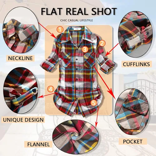 Vista 5 de Match - Camisa de franela de manga larga y a cuadros para mujer