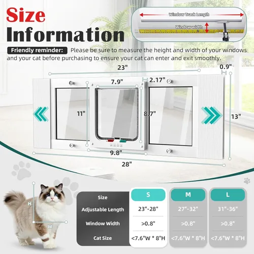 Vista 2 de Puerta de ventana de aluminio para mascotas para gatos - Inserto horizontal para puerta de ventana para gatos, ajustable para adaptarse a anchos