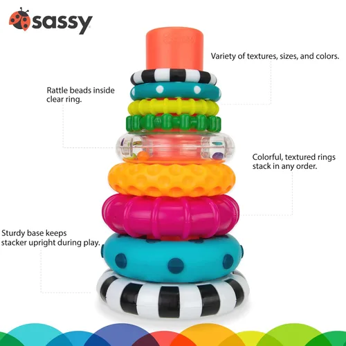 Vista 3 de Anillo de apilado de pilas de círculos de Sassy, juguete de aprendizaje STEM, a partir de 6 meses, multicolor, juego de 9 piezas