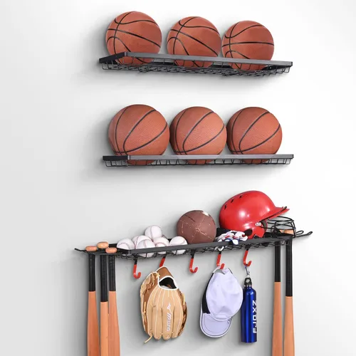 Mythinglogic Estante de almacenamiento de equipos deportivos, estantes de almacenamiento de bolas de montaje en pared para garaje, 3 organizadores