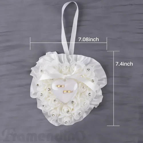 Vista 7 de Framendino, Forma de corazón blanco anillo de boda almohada elegante decoración cojín portador caja con lazo de cinta