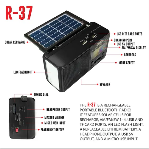 Vista 6 de QFX R-37 6-Band (AM, FM, SW1 - SW4) Linterna LED Bluetooth Radio solar (modelo 2021)