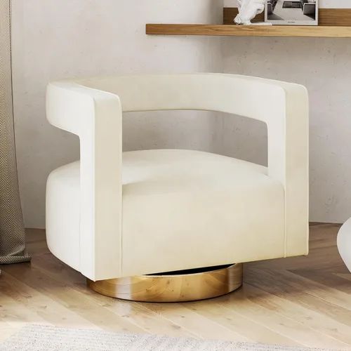 Vista 11 de BELLEZE Silla giratoria con diseño de barril, moderna silla redonda con respaldo curvado de terciopelo con base dorada, 360 grados para sala