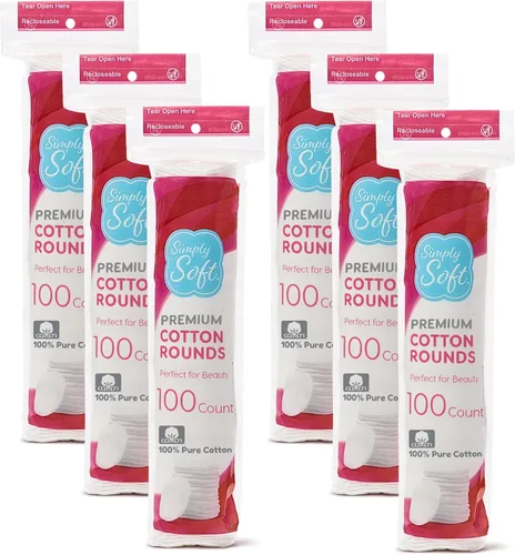 Simply Soft - Redondas de algodón de alta calidad, 100% algodón puro, almohadillas de algodón absorbente, 100 unidades (paquete de 6)