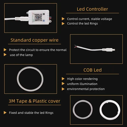Vista 6 de 100MM Multicolor RGB LED Halo Anillos Luz COB 102SMD Teléfono Inteligente iOS Android App Control Bluetooth Coche Ángel Ojos Círculo Anillo Faro