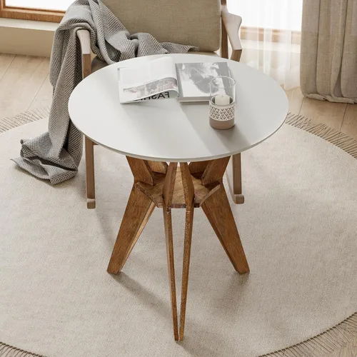 Vista 4 de COZAYH Mesa auxiliar de madera envejecida con patas entrecruzadas y patas en X, mesa decorativa con parte superior blanca y base de trípode