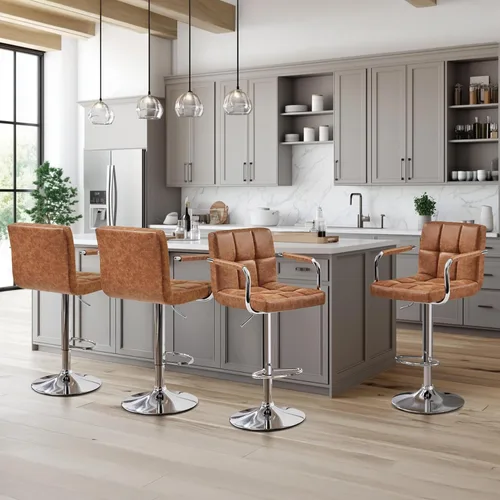 Vista 2 de Yaheetech - 4 taburetes de bar ajustables para mostrador de cocina, taburetes de bar/mostrador, silla de comedor giratoria hidráulica de piel Marrón