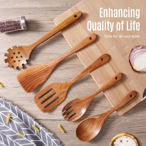 Vista 7 de Juego de 5 cucharas de madera para cocinar, juego de utensilios de cocina de teca natural, superficie antiadherente lisa, juego de espátulas